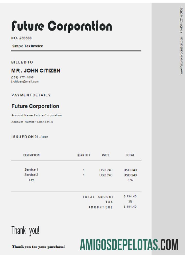 Fatura Corporativa Futura dos EUA exemplo